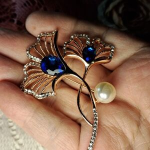 Elegant Rose Goldtone Blue Crystal Floral Ginkgo Leaf Brooch